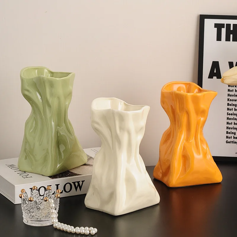 Creative Ceramic Vase Cream Wind Wrinkle Water Flower Cultivator Living Room Home Decoration Process Ornament