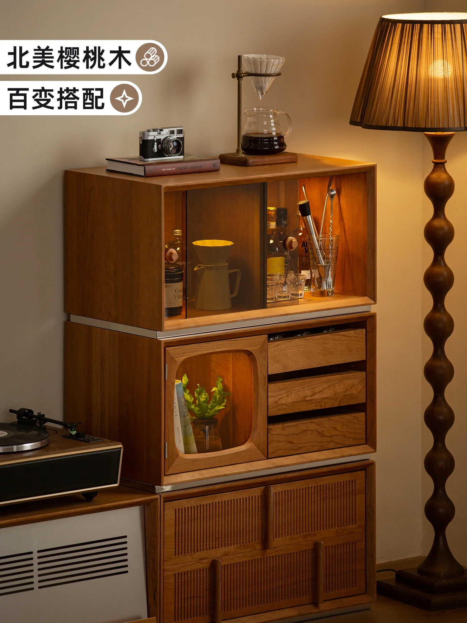 Modular combination, side cabinet against the wall, cherry solid wood home kitchen, dining room storage, tea cabinet