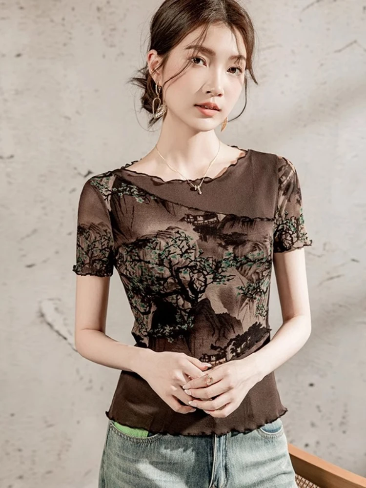 

Korean Style Floral Print Mesh Round Neck T Shirt Women Short Sleeve 2025 Summer Lace Trim Unique Design Top