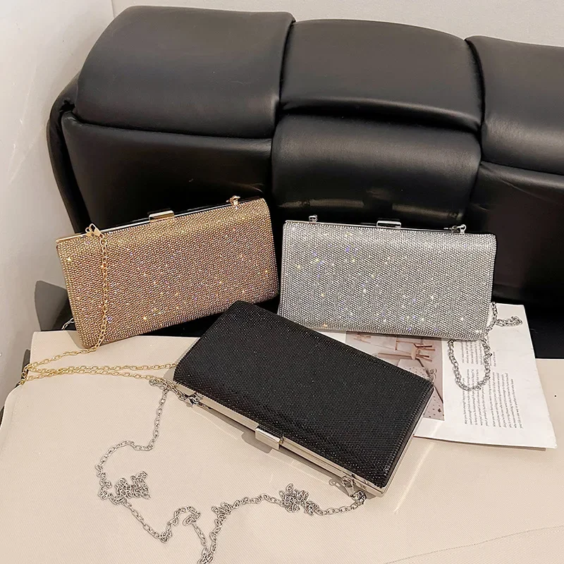 حقيبة نسائية على شكل صندوق ألماس لامع بسلسلة كروس محمولة باليد حقيبة فستان عصرية #4