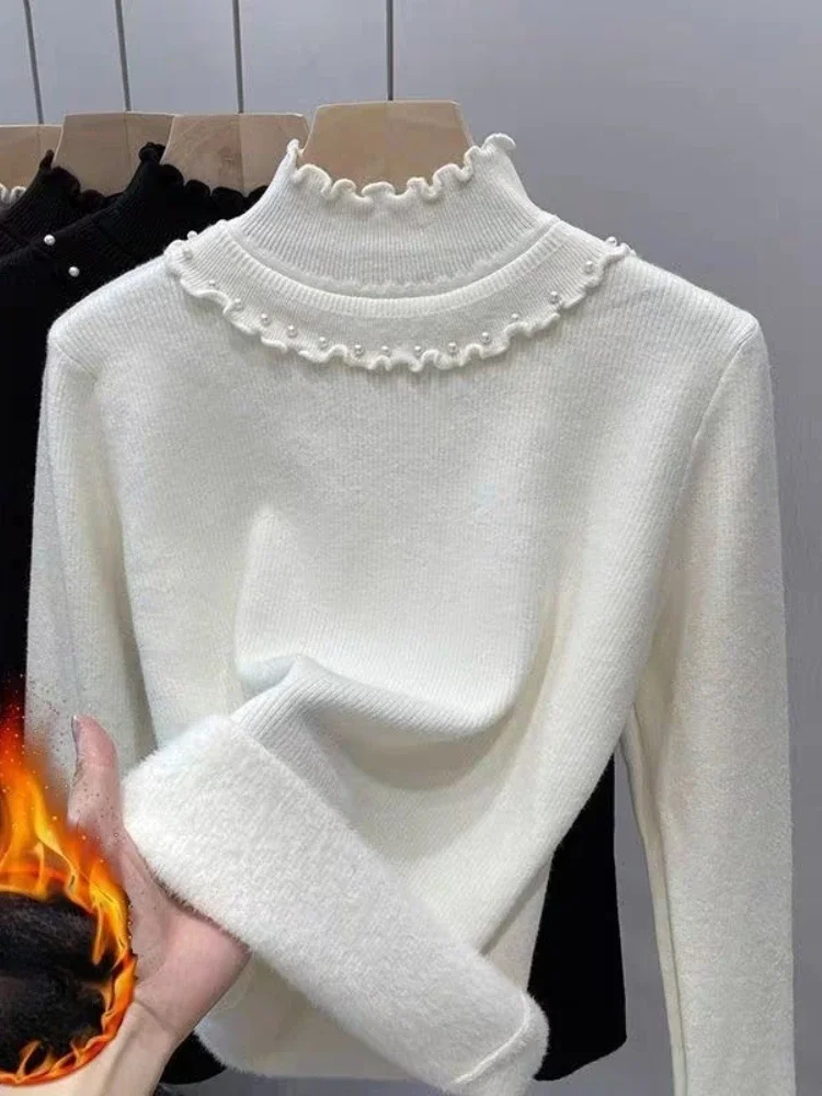Fungus Edge Half High Collar Knitted Sweater Autumn and Winter Fleece-lined Sweater Women Black Simple Versatile Pullover