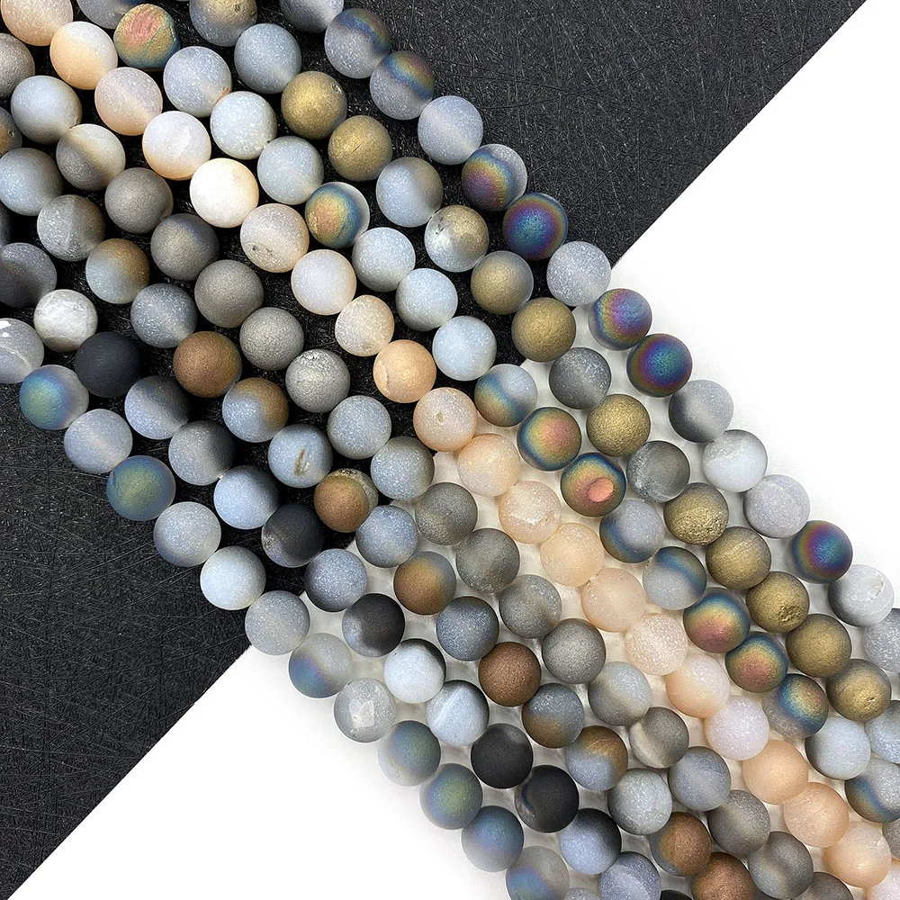 Natural Stone Agate Matte Beads 6-10mm Fashion Electroplating Round Agate Beads Charm Jewelry DIY Bracelet Necklace Accessories