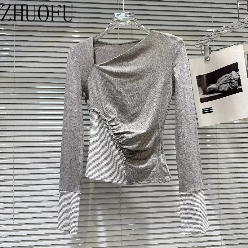 Personalized Beveled Collar Striped Splicing Women's T-shirt 2026 Autumn Gray Thin Versatile Long-sleeved Bottoming Shirt Ladies