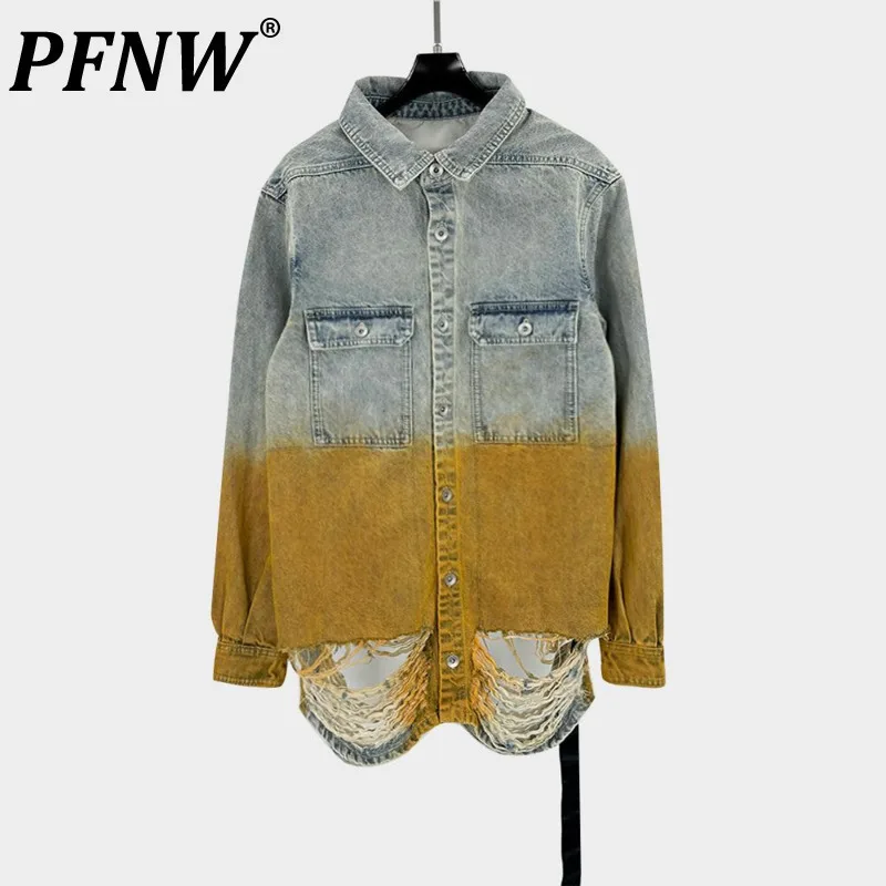 PFNW Darkwear High Quality Denim Jacket Men's Gradient Colorblocking Design Distressed Oversized Washed Outwear Coat Top 28W5674