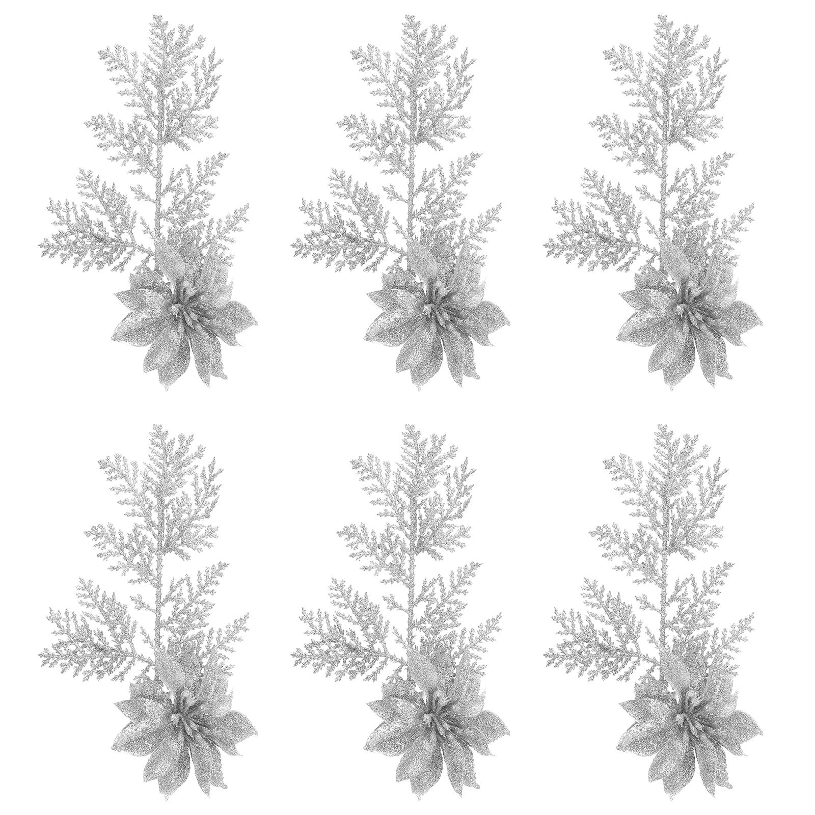 

6pcs Christmas Floral Decor Simulation Pine Branches For Tree Table Handrail Hanging Pendant Xmas Artificial Flower Glitter