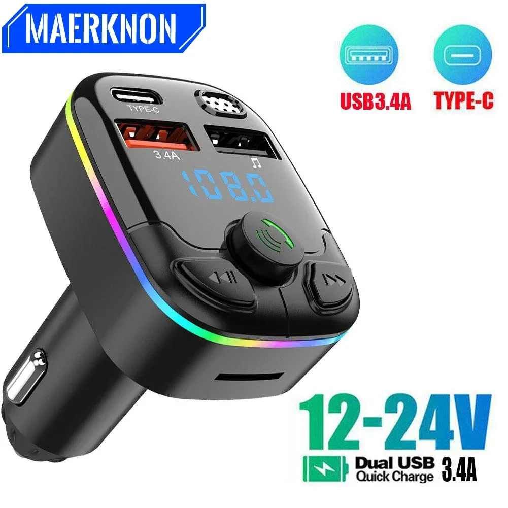 Hands-Free Wireless PD Type-C Dual USB 3.4A Fast Charging Charger FM Modulator Bluetooth 5.0  Car FM Transmitter Wireless Light