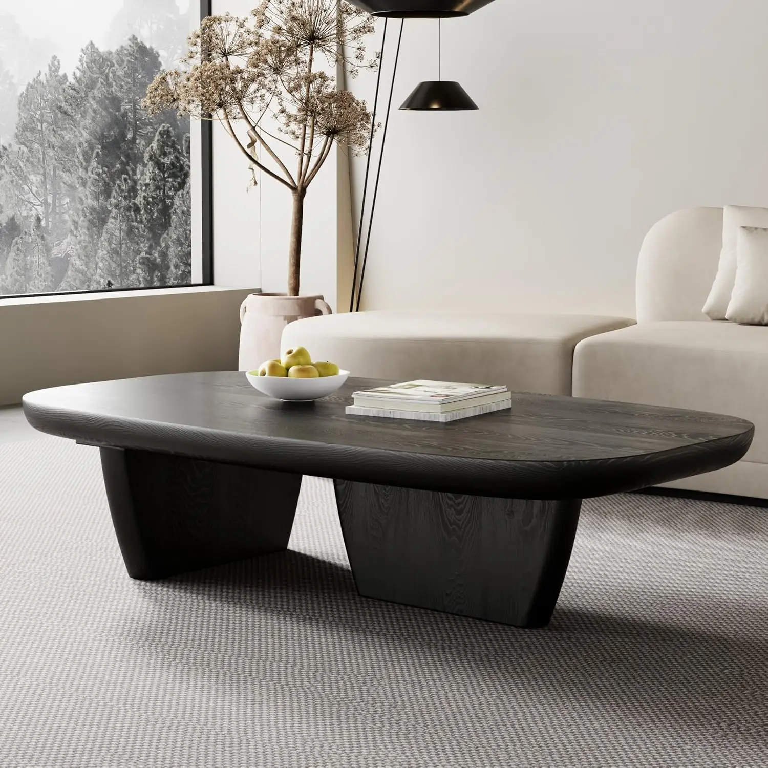 Modern Wood Coffee Table for Living Room, 51.2" Black Rectangle Coffee Table with 2 Unique Legs, Center Table for, Customized