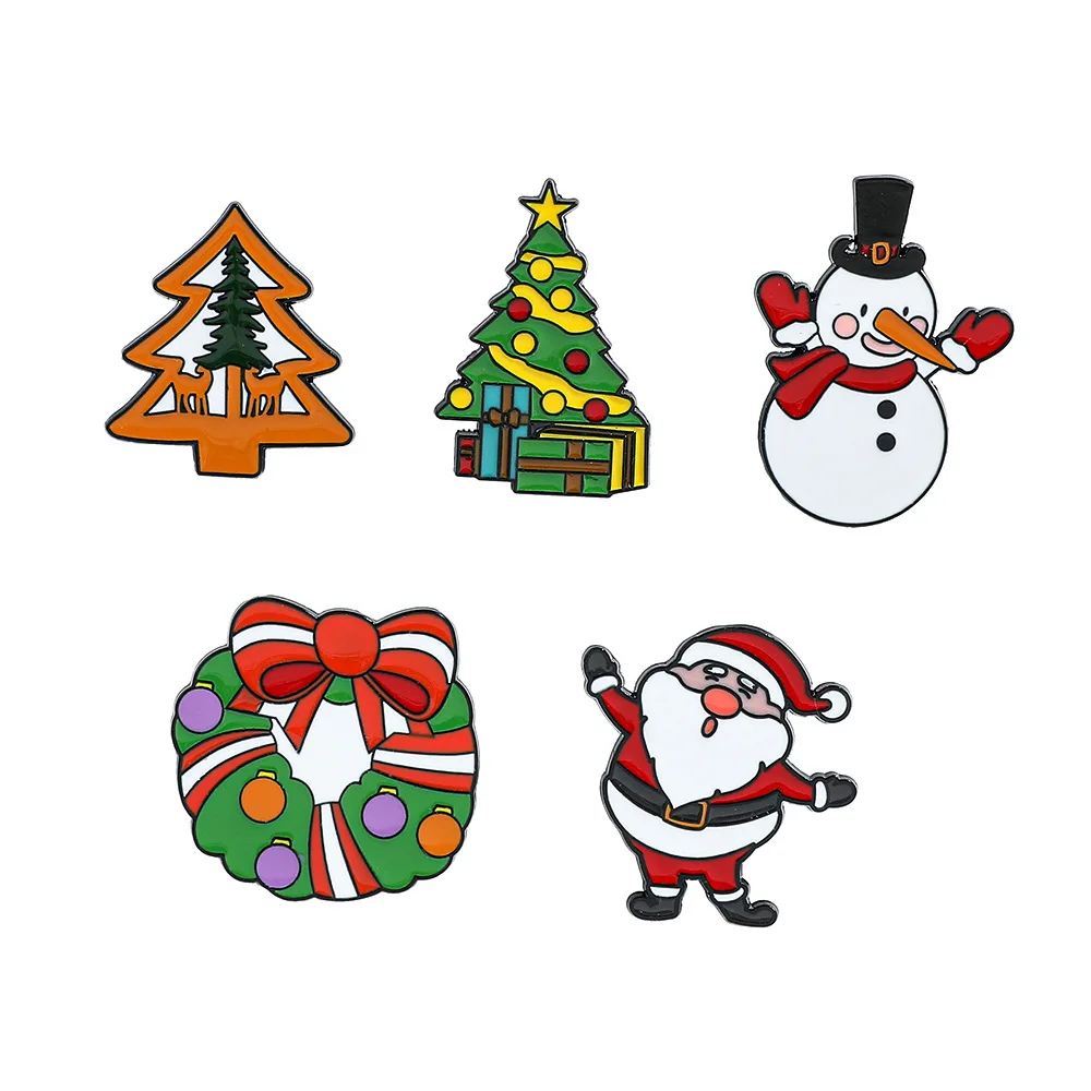 1 Set de Broches Metálicos de Navidad con Diseños de Dibujos Animados: Papá Noel, Muñeco de Nieve, Árbol de Navidad y Corona Navideña, Accesorios al por Mayor