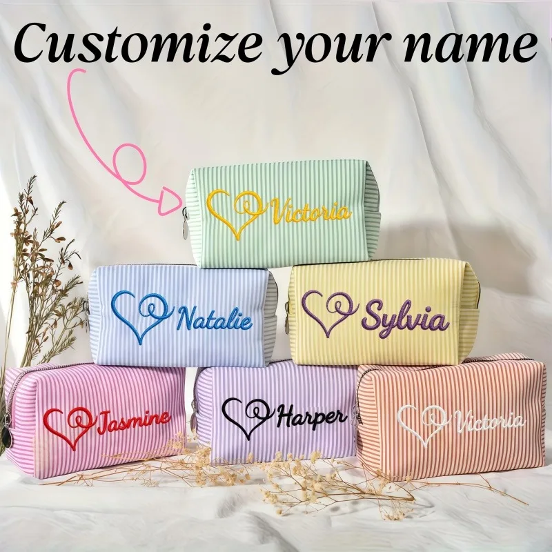 Customized Embroidered Personalized Striped Bag with Name--Portable Multi-Layered Makeup Storage Bag, Travel Portable Women's Toiletries Organizer Bag