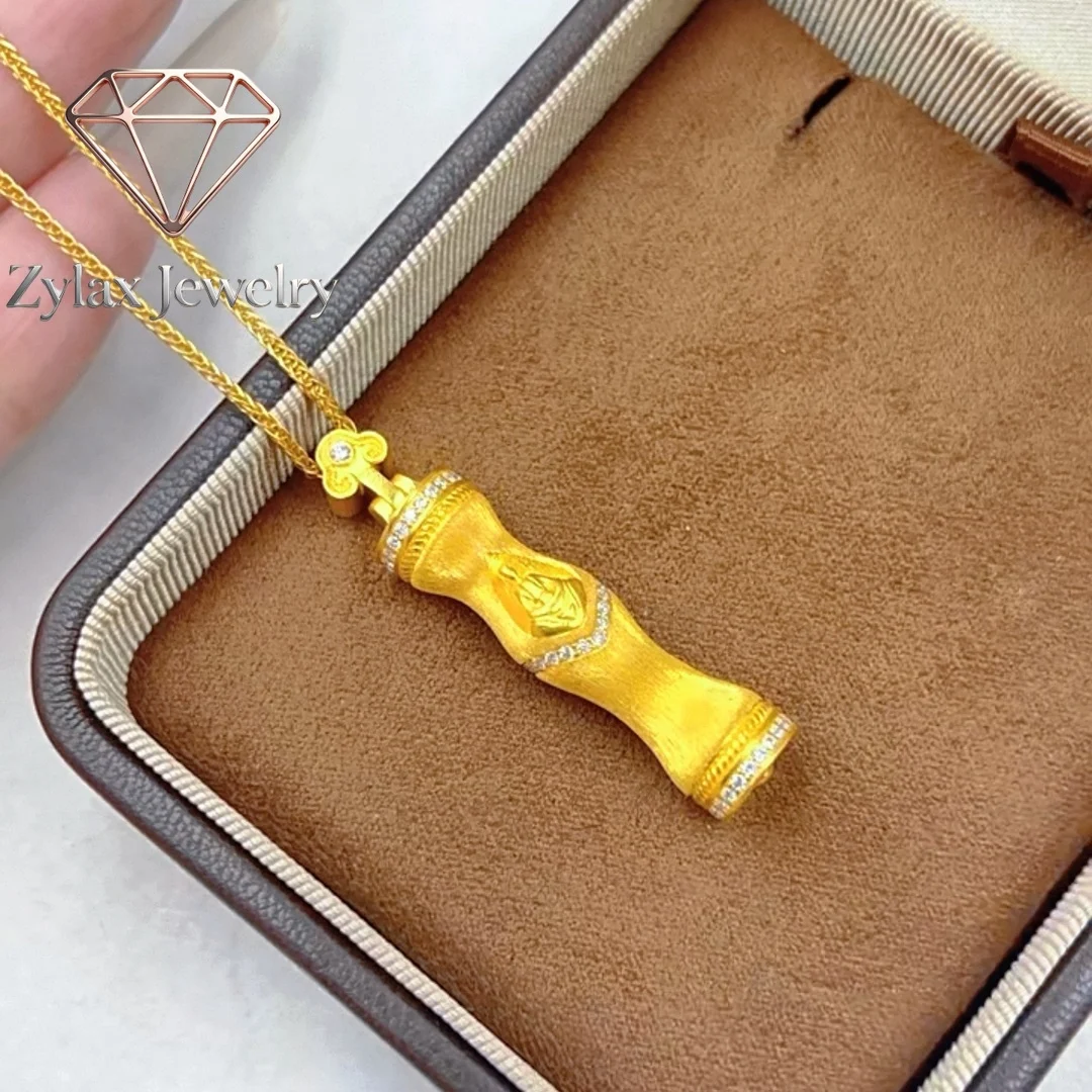

Zylax Jewelry Diamond-Studded Brushed Bamboo Pendant Women's 24K Gold AU999 - Lightweight neck-fit design, no discomfort, for al
