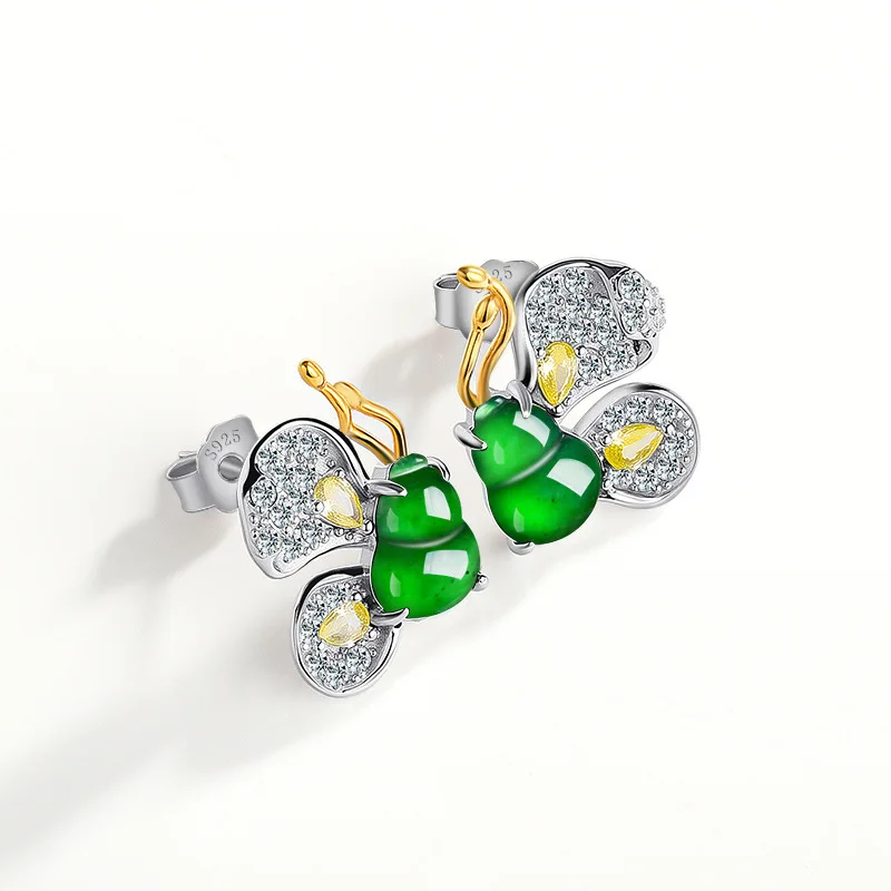 Green Burmese Jadeite Butterfly Earrings Designer Gifts for Women Natural Burmese Jade 925 Silver Charm Jewelry Amulet