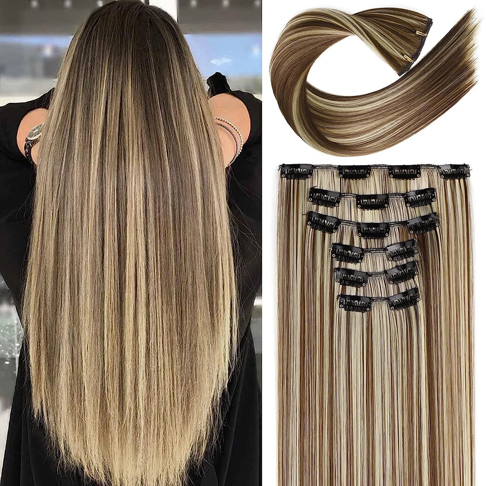 Synthetic Clip On Hair Extension 6Pcs/Set 22inch Straight Hairpiece Curly 16 Clips In Ombre Heat Resistant Fiber Women Girl Use