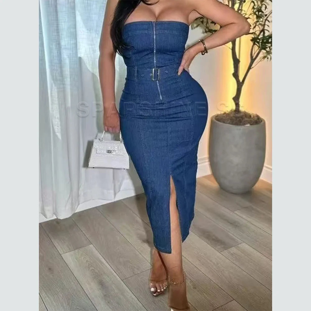 Sukienki bodycon z niebieskiego denimu na rok 2025, eleganckie, bez ramiączek, seksowne, modne, letnie, codzienne, na imprezę, do klubu, obcisłe.