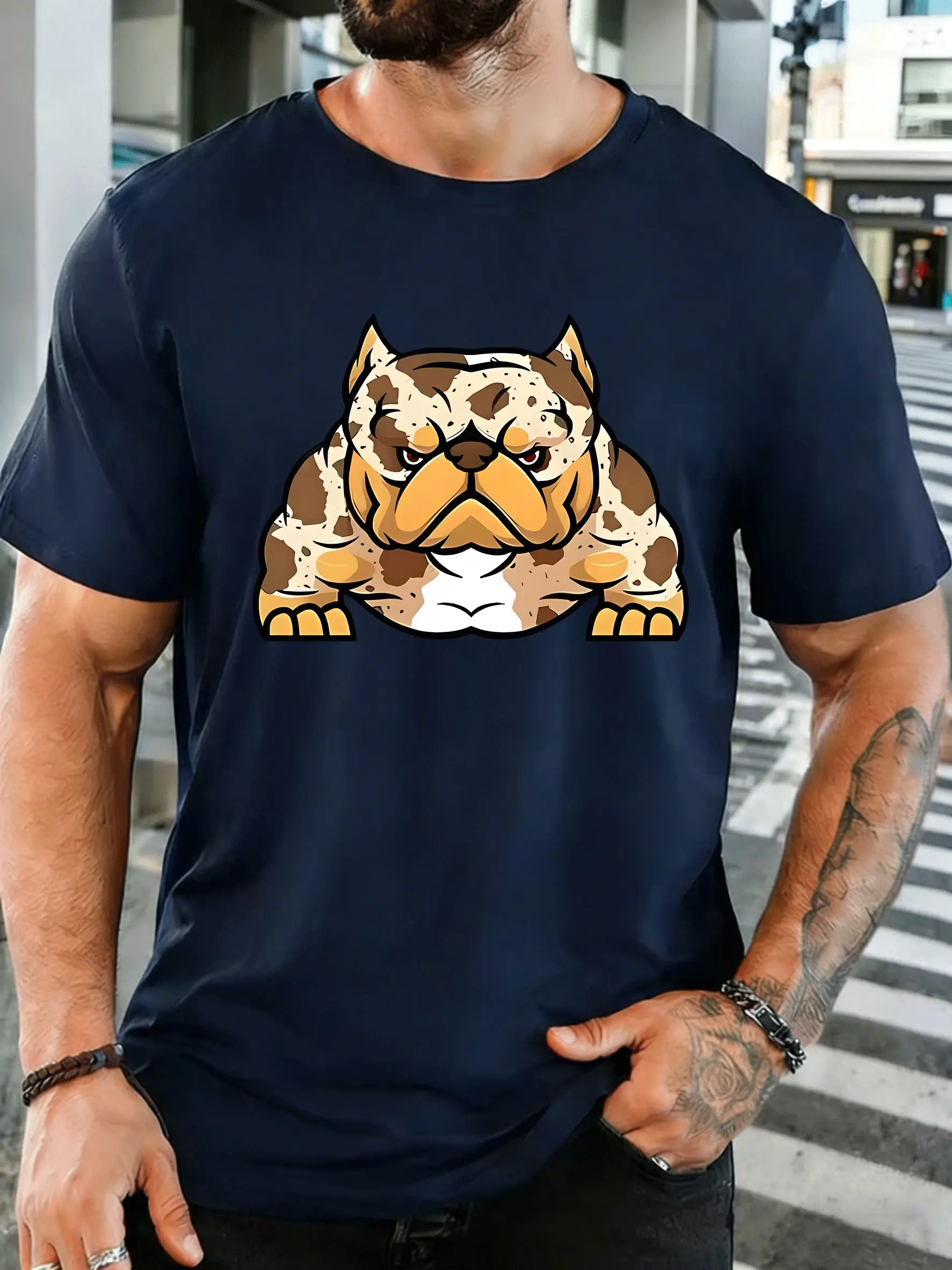 Cartoon Muscular Bulldog Mens Front Print T Shirt Strong Dog Graphic Tee Casual Short Sleeve Top Dog Pet Lover Gift