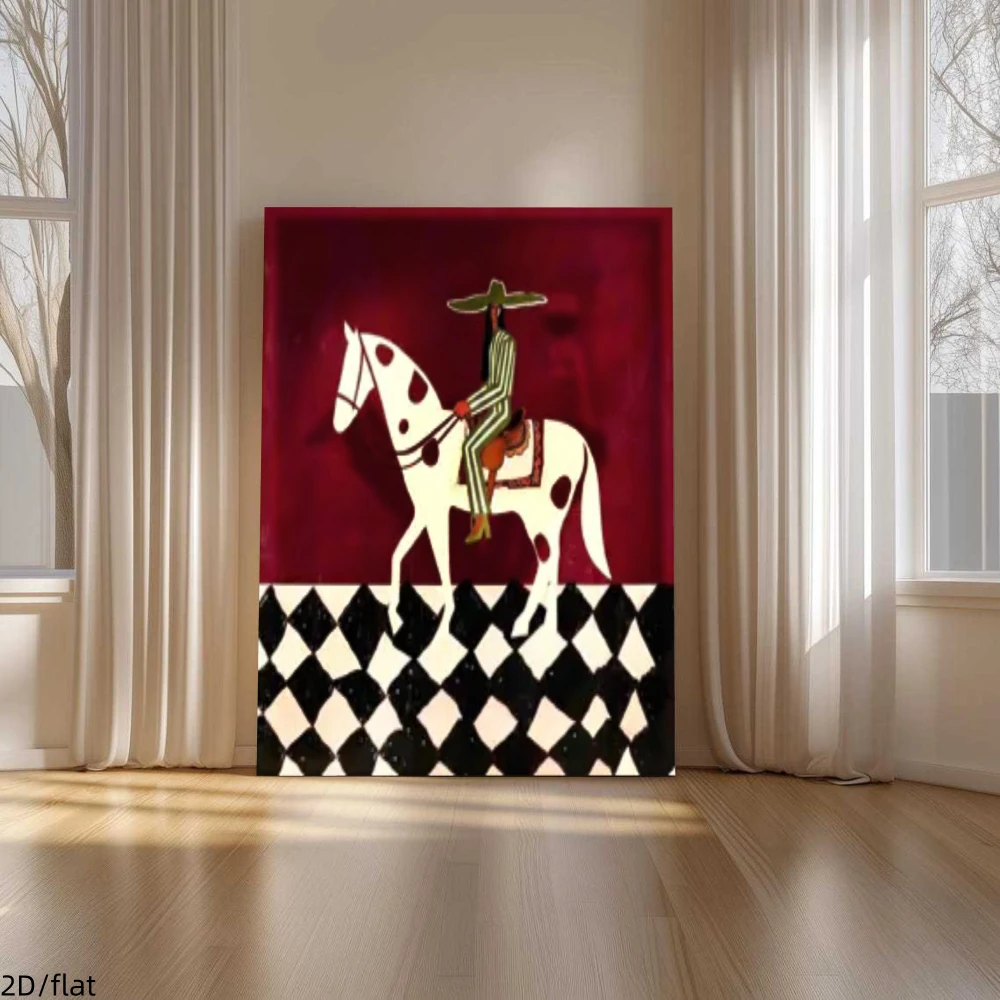 Modern Minimalist Decor Painting, Red Background Riding Figure Black‑White Diamond Lattice, Wooden Framed Ready‑to‑Hang Wall Art