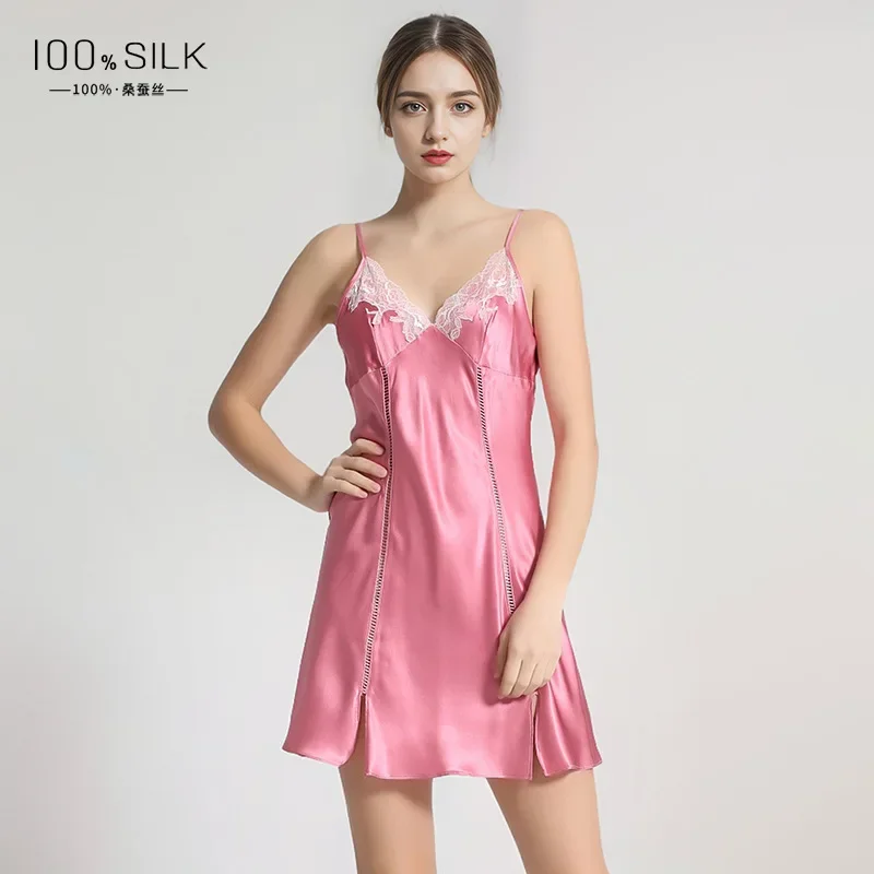 

100% Mulberry Silk Sling Nightdress 19MM Heavy Silk Sleeveless Nightgown One Piece V Neck Mini Lingerie PJ Dress Sexy Sleepwear