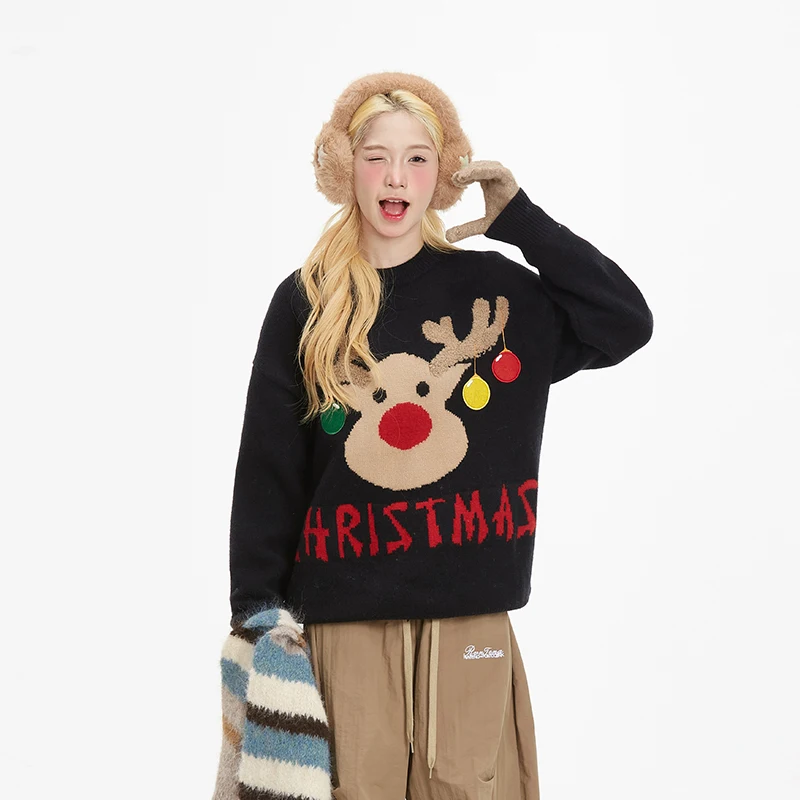 American Retro Highstreet Sweet Christmas Elk Knitted Sweater Women Winter Lazy Loose Casual Round Neck Couple Jumper Pullovers