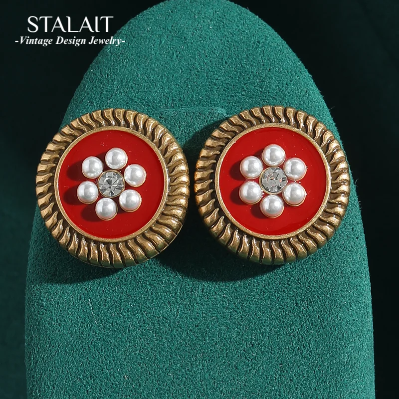 

Vintage Round Red Pearl Earrings Woman Elegant Flower Stud Woman Jewelry Gold Color Accessories Luxury Brand Designer 2025 New