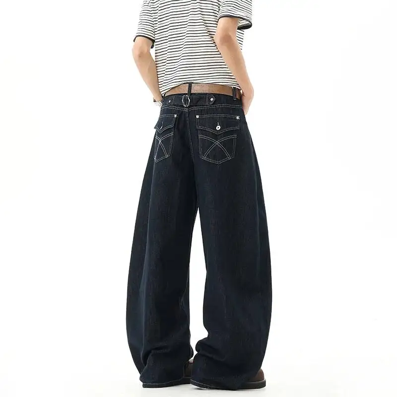 Oversized Silhouette Black Men's Denim Pants American Waist Button Loose Wide Leg Jeans Casual Street Long Trousers JXC1