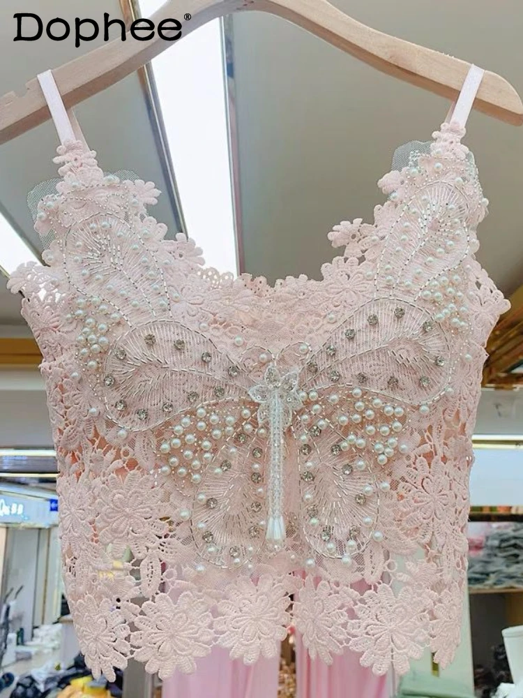 

Crop Top Lace Camisole Top for Women 2024 Summer New Sweet Heavy Industry Beads Butterfly Pattern Inner Vest Women Clothing