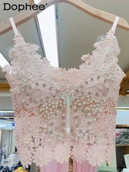 Crop Top Lace Camisole Top for Women 2024 Summer New Sweet Heavy Industry Beads Butterfly Pattern Inner Vest Women Clothing