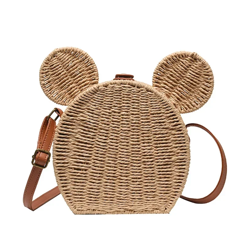 Disney 2023New Ladies Designer Straw Fancy Bag Cute Handbag Rattan Travel Leisure Vacation Small Round Beach Mickey Shoulder Bag