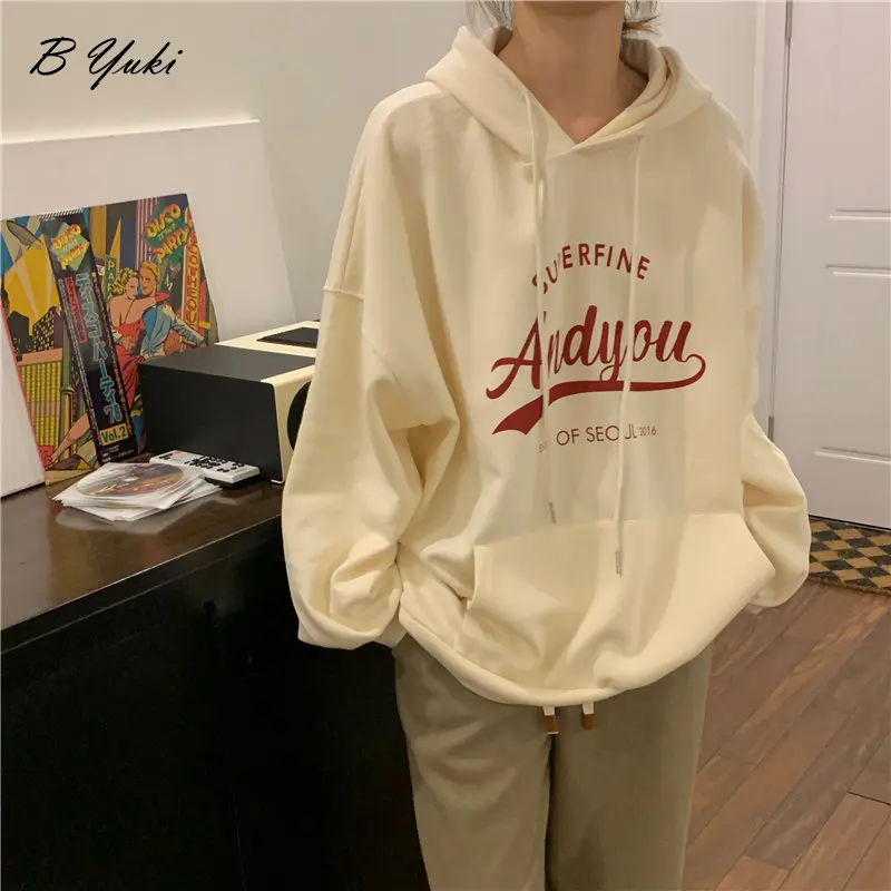 

Blessyuki Korean Fleece Sweatshirts Women Winter Chic Letter Print Streetwear Hoodie Female Oversized Warm Long Sleeve Sportwear