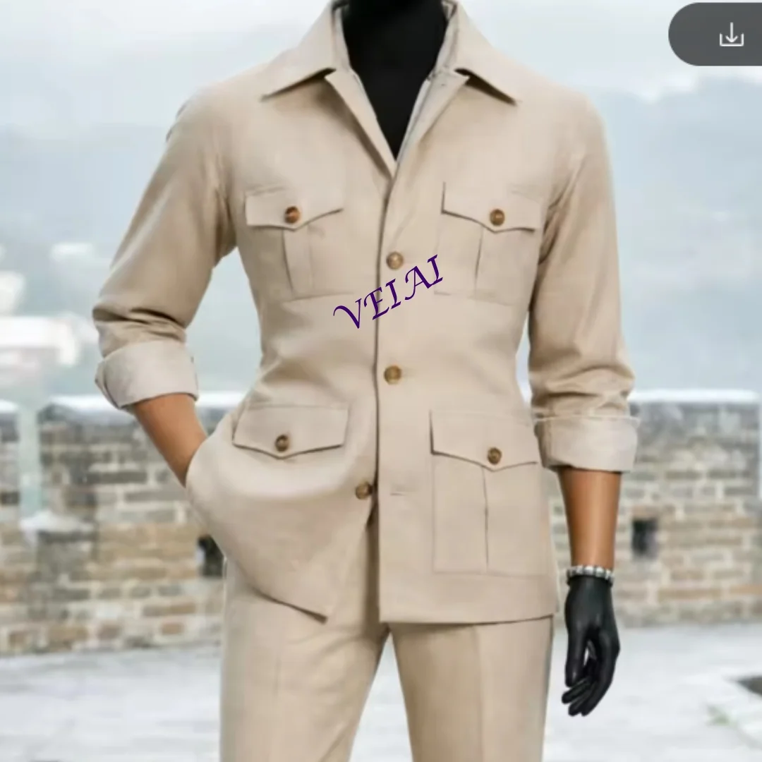 Slim Fit Vintage Utility Blazer for Men with Wide-Leg Pants Button Pocket Detail Casual Safari Suit Daily Wear