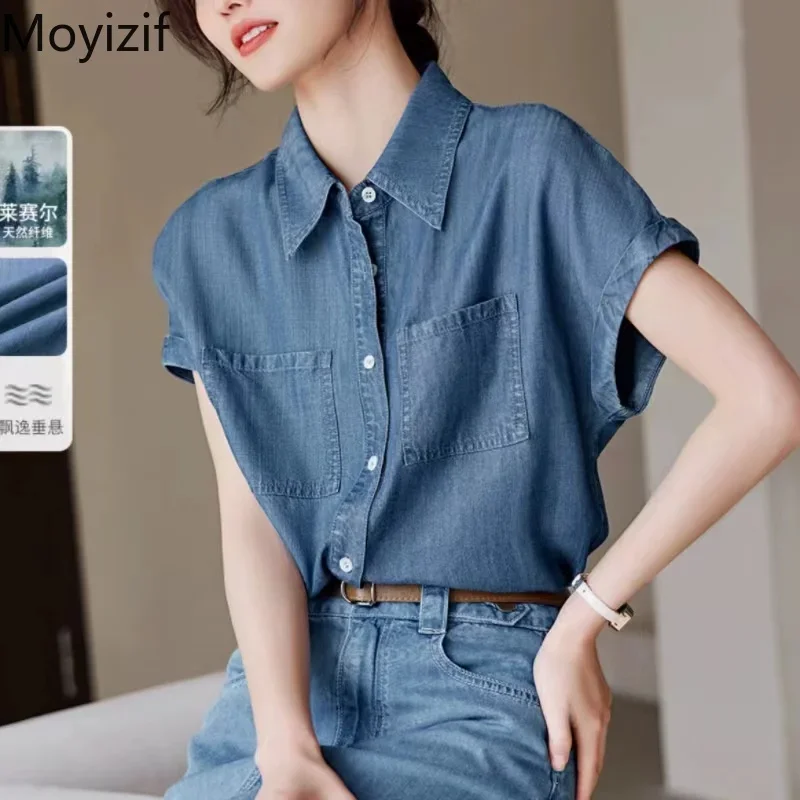 

Washed Loose Denim Shirt for Women Top Summer New Korean Fashion Casual Minimalist Lapel Short Sleeve Blouses Women Clothing