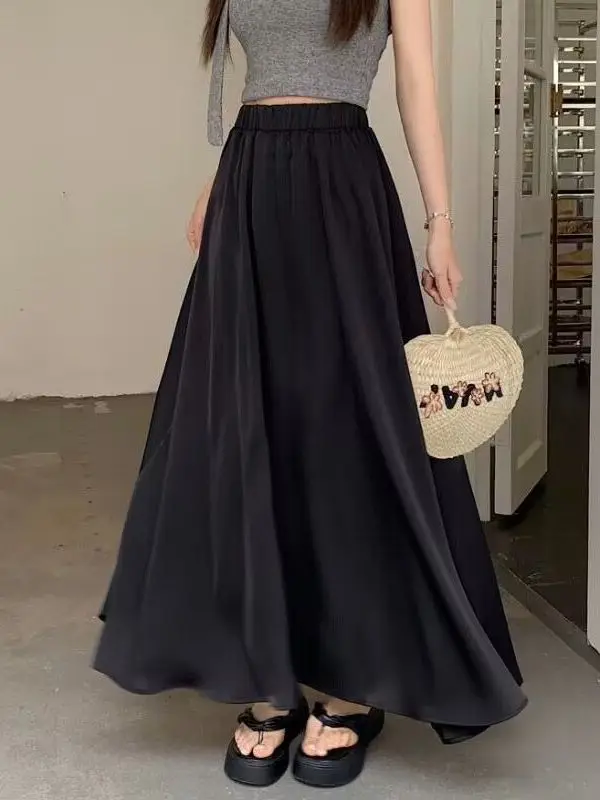 

Юбка миди женская летняя корейская из ацетатного атласа с высокой талией, расклешенная, больших размеров