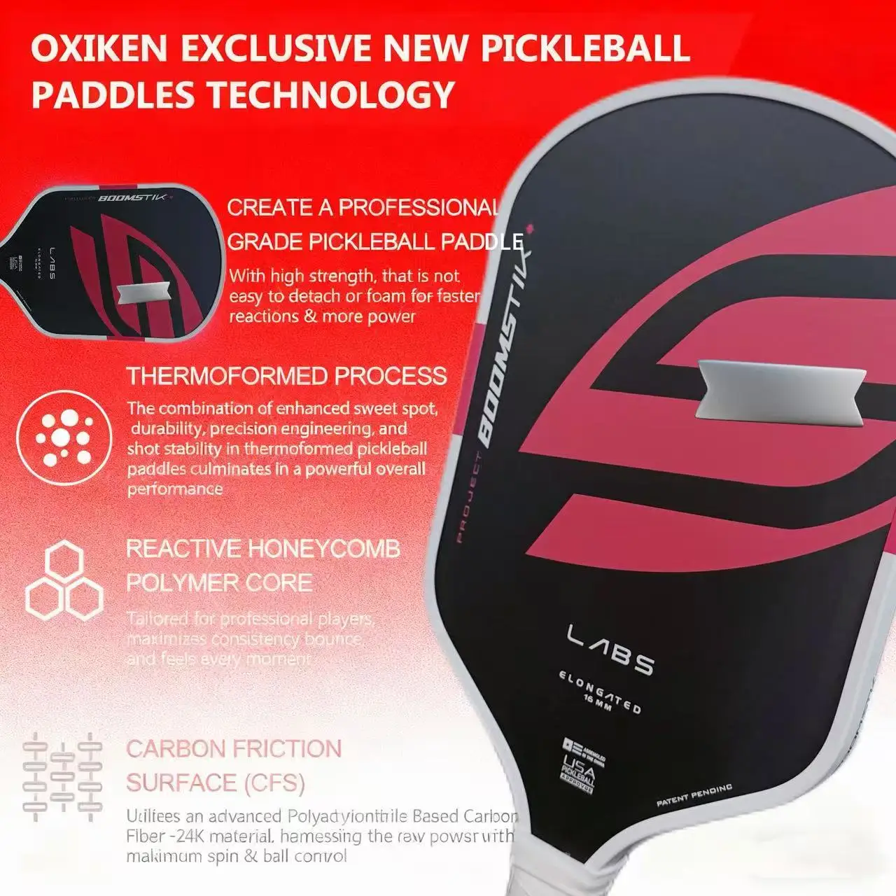 USAPA Approved 16mm Pickleball Paddle LABS Project Boomstk Elongated Boom Core Racket Pure Foam for Power And Spin