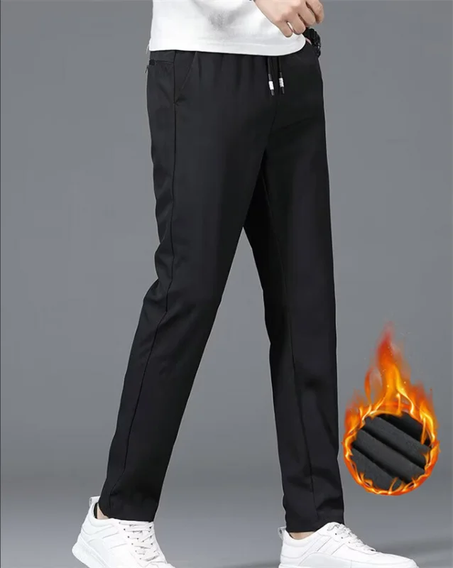 Fleece straight leg slacks men's fall/winter thickened all-in-one fashion pants Baggy all-in-one stretch tracksuit pants