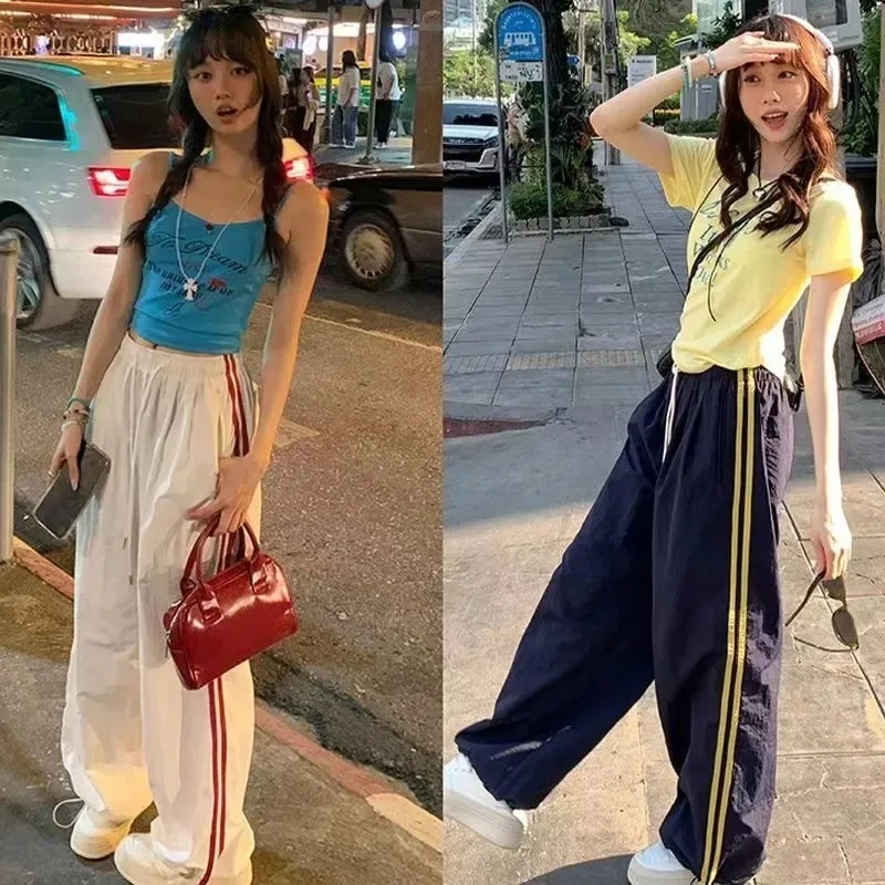 سراويل رياضية كاملة مخططة متعددة الجيوب للنساء، سراويل رياضية أنيقة فضفاضة وعصرية كلاسيكية مستقيمة غير رسمية عالية الخصر وواسعة الساق