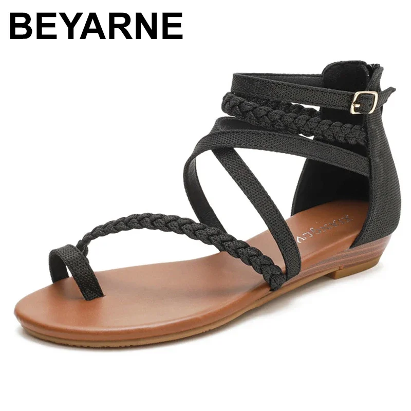 BEYARNE  Beach gladiator rome sandals women shoes woman summer Bohemia Fashion casual Flat ladies sandles sandalias Back zipper