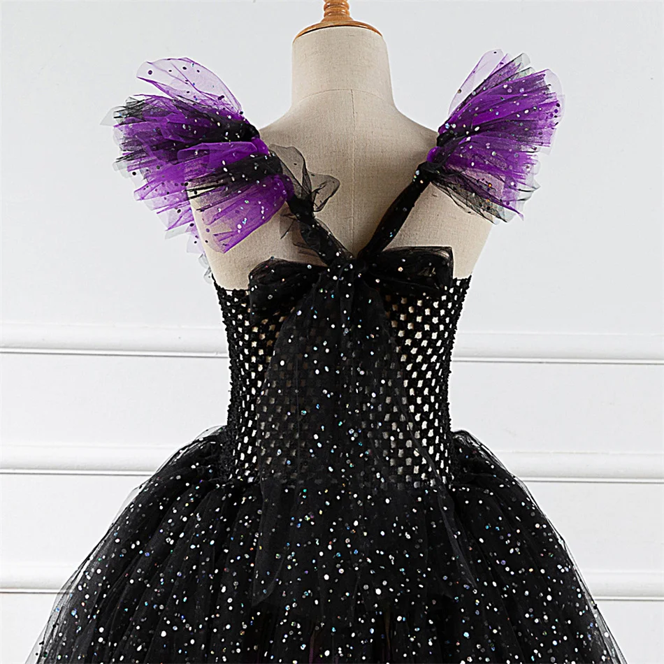 Maleficent Dress Girls Sequin Mesh Tutu Gown Witch Cosplay Dress Kids Halloween Costume Evil Queen Carnival Party Fancy Outfits