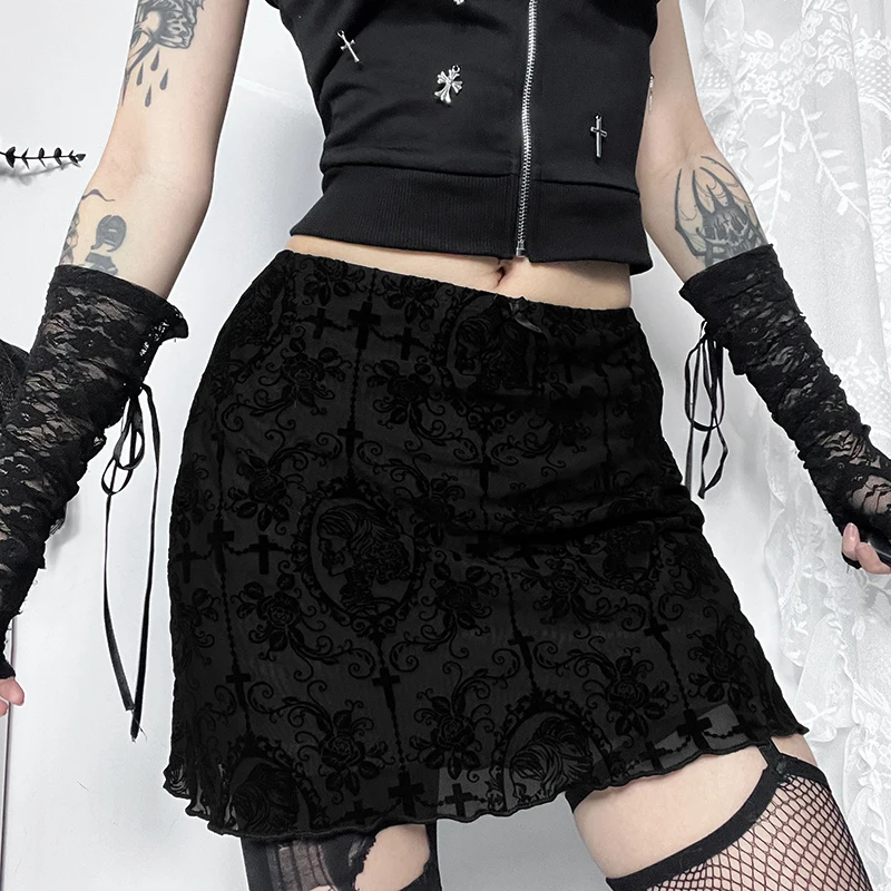 Goth Black Lace Flocking Skull Cross Print Mini Skirts for Women Y2K Vintage Sexy Red Layered Bodycon Summer Fashion Short Skirt