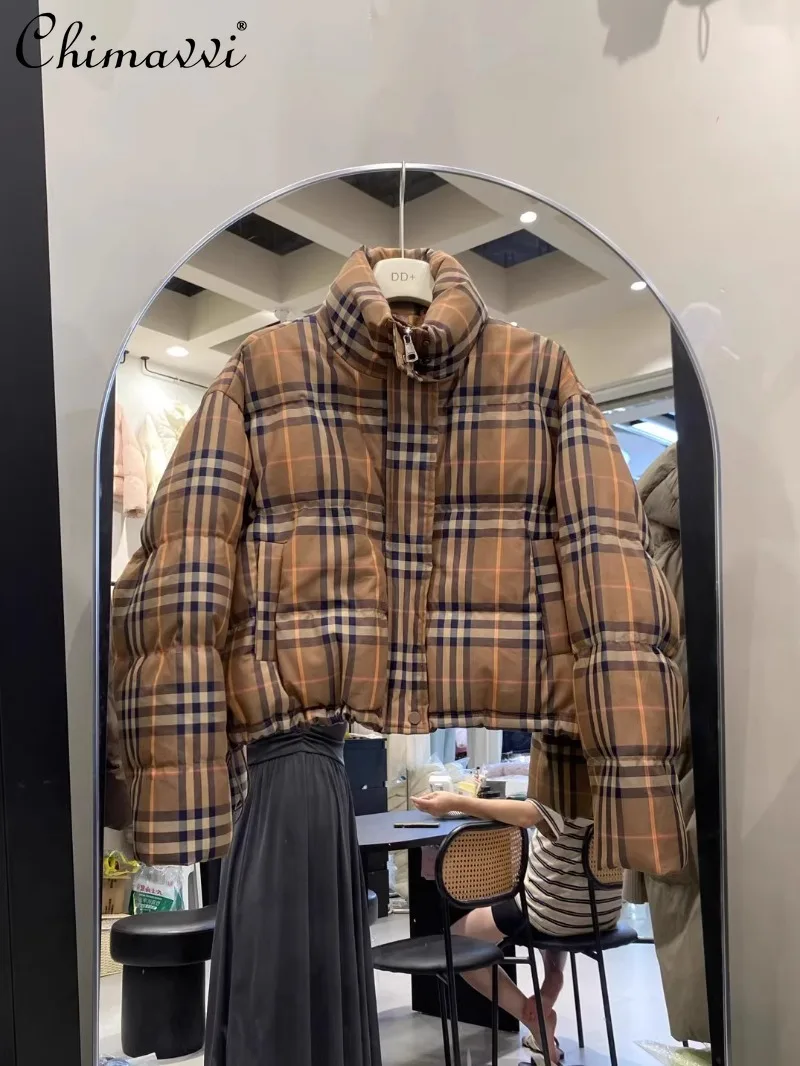 2024 Winter New Bread Jacket Thickened White Duck Down Korean Version Brown Plaid Short Down Jacket For Women