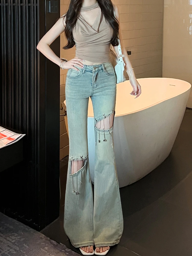 กางเกงยีนส์ขาบานไมโครสีฟ้าอ่อนสําหรับผู้หญิงเอวสูงปี 2025 ฤดูร้อนกางเกงทรงเข้ารูปเทรนด์