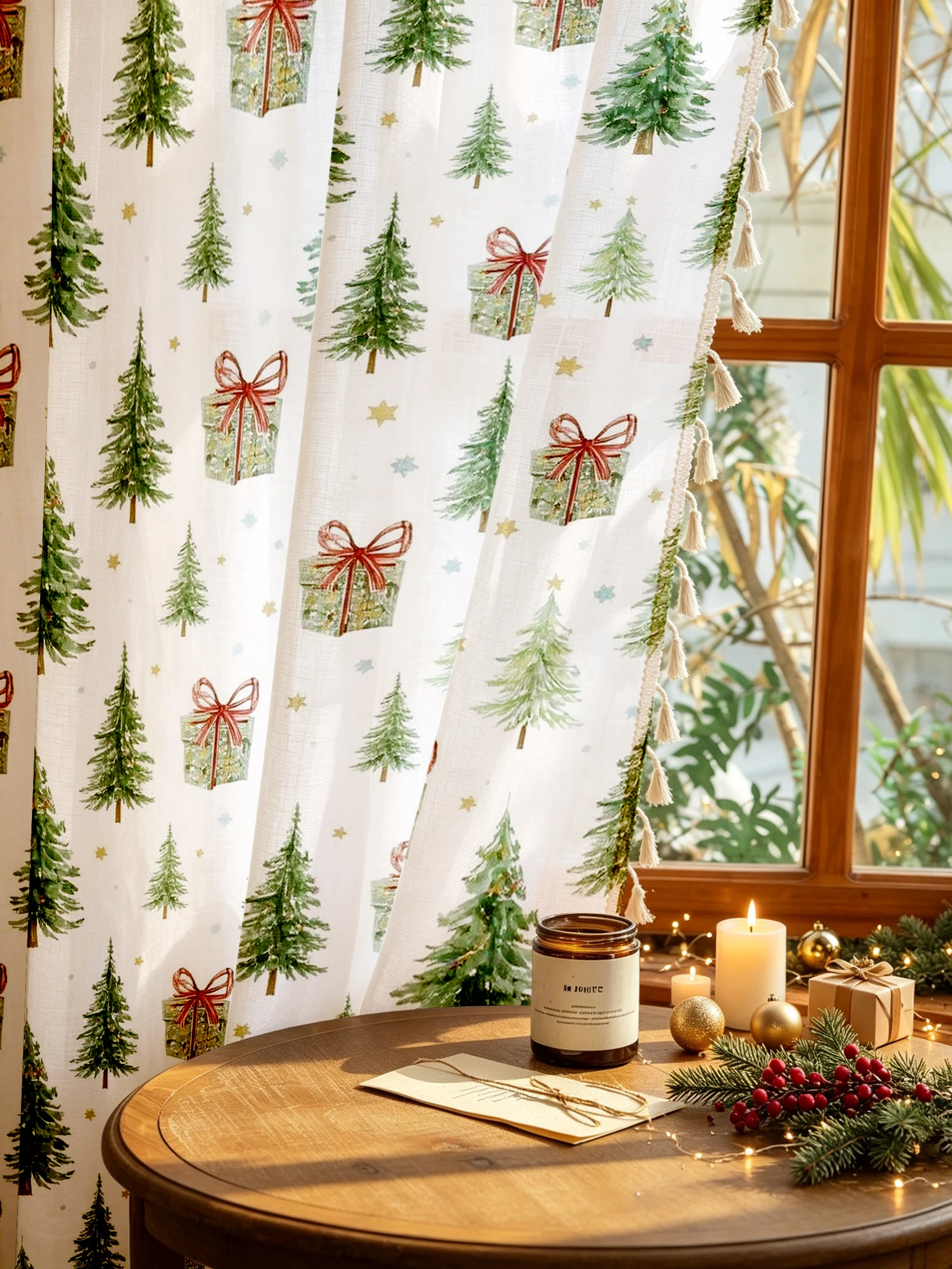 1PC Christmas Tassel Sheer Curtains, Tree Gift Box Star, Digital Print, Linen Polyester, Bedroom Living Room Kitchen Home Decor