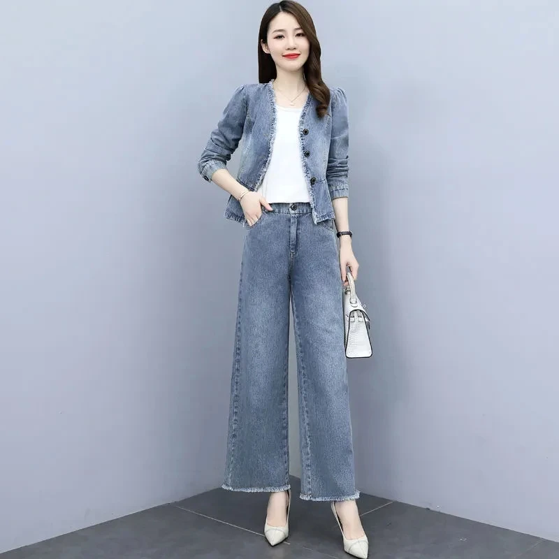 2023New Retro V-Neck Denim Jacket Wide-Leg Pants Suit Women\'s Spring Autumn Long-Sleeved Jacket Two-Piece Suit Female Sets Jeans