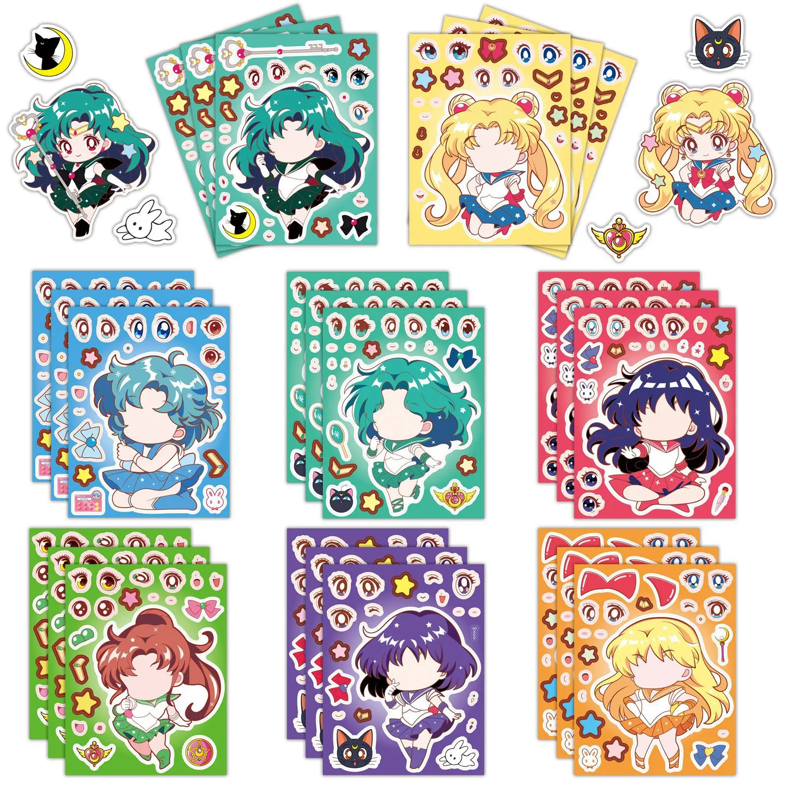 8/16Sheets Q Version Sailor Moon Anime Make a Face Puzzle Stickers Decoration Laptop Phone Guitar Skateboard Classic Kid Toys