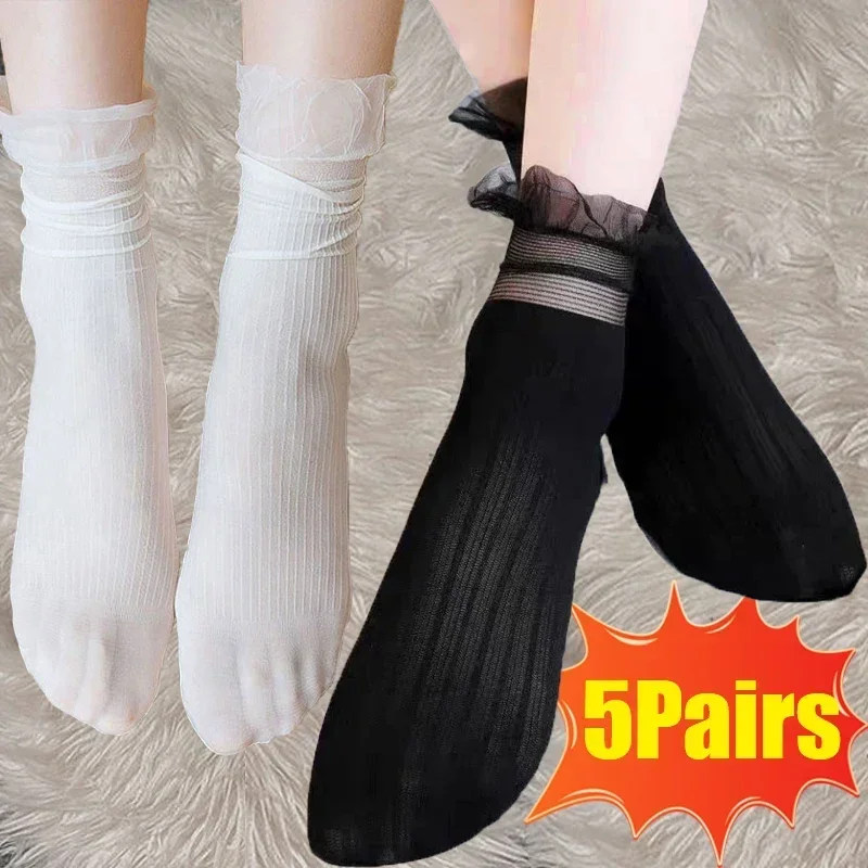 5Pairs/lot Velvet Frilly Ruffle Socks Women Ultra-thin Transparent Lace Socks Retro Summer Harajuku Long Stocking Hollow Out Sox