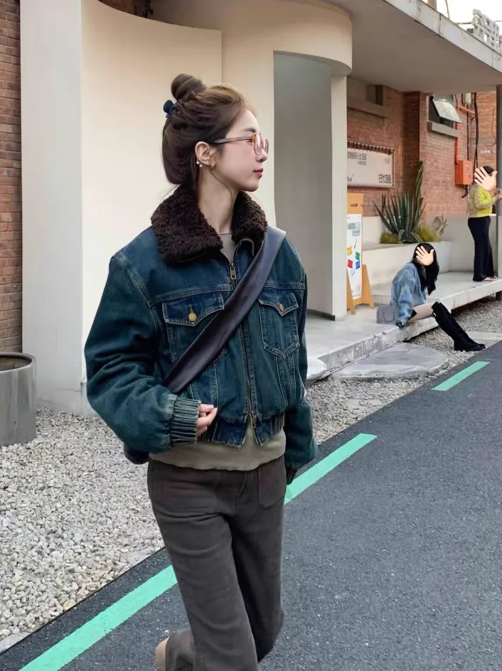 Casacos jeans para mulher longa pele de pelúcia das mulheres outono solto-ajuste doce menina academia sala de aula respirável casacos jaquetas ajustáveis