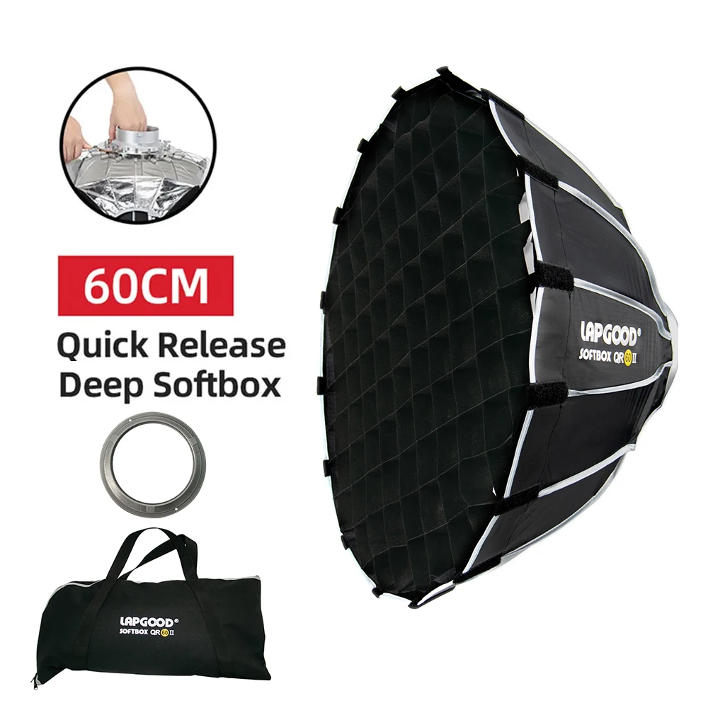 LAPGOOD Portable QR60II Quickly Fast Installation Deep Parabolic Softbox + Honeycomb Grid for Bowens Profoto Elinchrom Flash