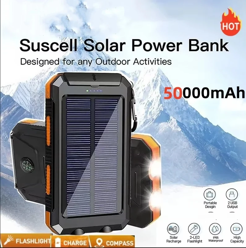 

50000mAh Solar Power Bank Portable Fast Charging Poverbank External Battery Charger Strong Light LDE Light for iphone Samsung
