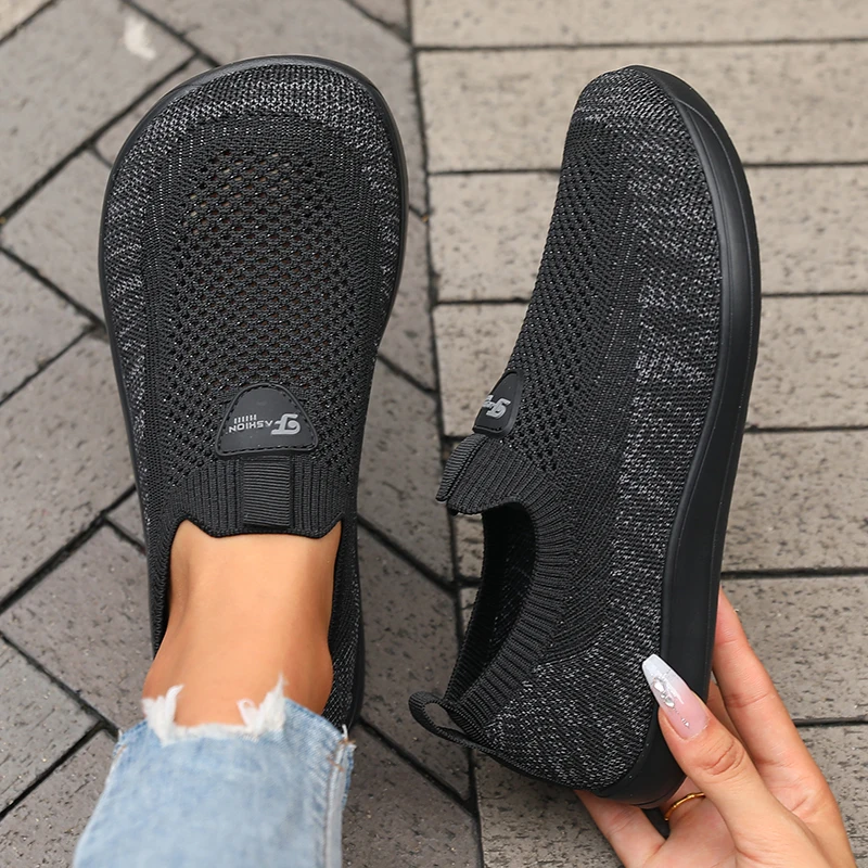 Damenschuhe mit breiter Zehenpartie, atmungsaktiv, gestricktes Mesh, weiche Sohle, zum Hineinschlüpfen, Barfußschuhe, 2023, lässig, bequem, breite Zehen-Walking-Sneaker – Detail 3