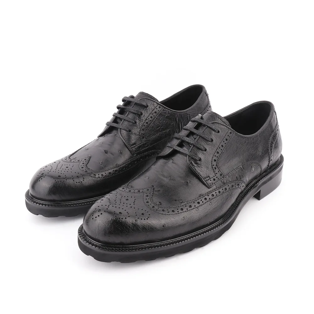 Sipriks Ostrich Skin Full Brogue Shoes Elegant Black Wingtip Dress Shoes Men's Casual Leather Business Office Wedding Shoes