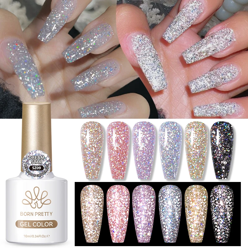 BORN PRETTY 10ml Reflektierender Glitzer-Gel-Nagellack Funkelnder Bling Semi-Permanent Lack Abziehbarer Nagelgel Nagelbedarf Maniküre