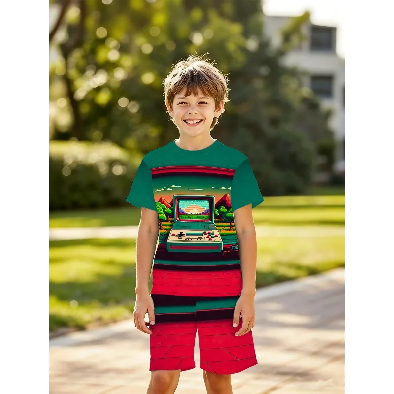 Conjunto infantil e masculino com estampa de controlador de jogos retrô pixel, camiseta casual de manga curta e shorts, confortável e respirável