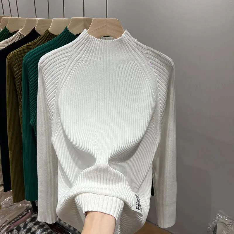 Korean Women\'s 2024 Autumn Winter New Splicing Pullovers O-Neck Screw Thread Fashion Solid Color Slim Long Sleeve Knitted Top